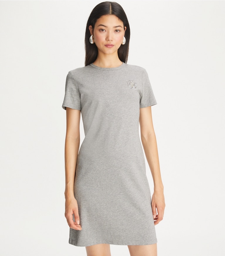 Tory Burch designer ドレス クリスタルエンベリッシュ ジャージー Tシャツドレス in Silver Gray Melange front