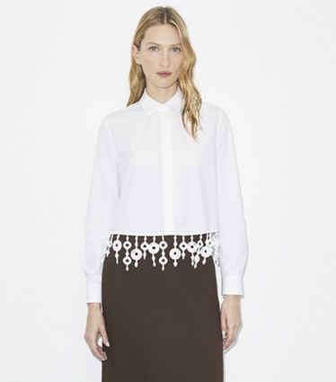 Tory Burch designer tops Crystal-Embellished Poplin Shirt in White on model detail