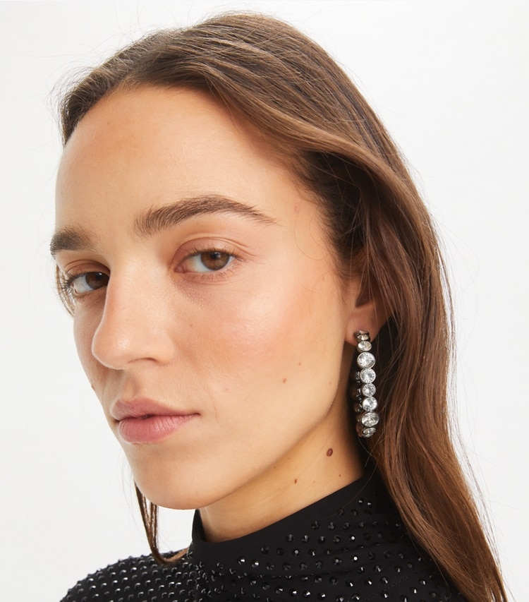 Tory Burch designer earrings Crystal Hoop Earring in Shiny Hematite / Crystal accessory on model