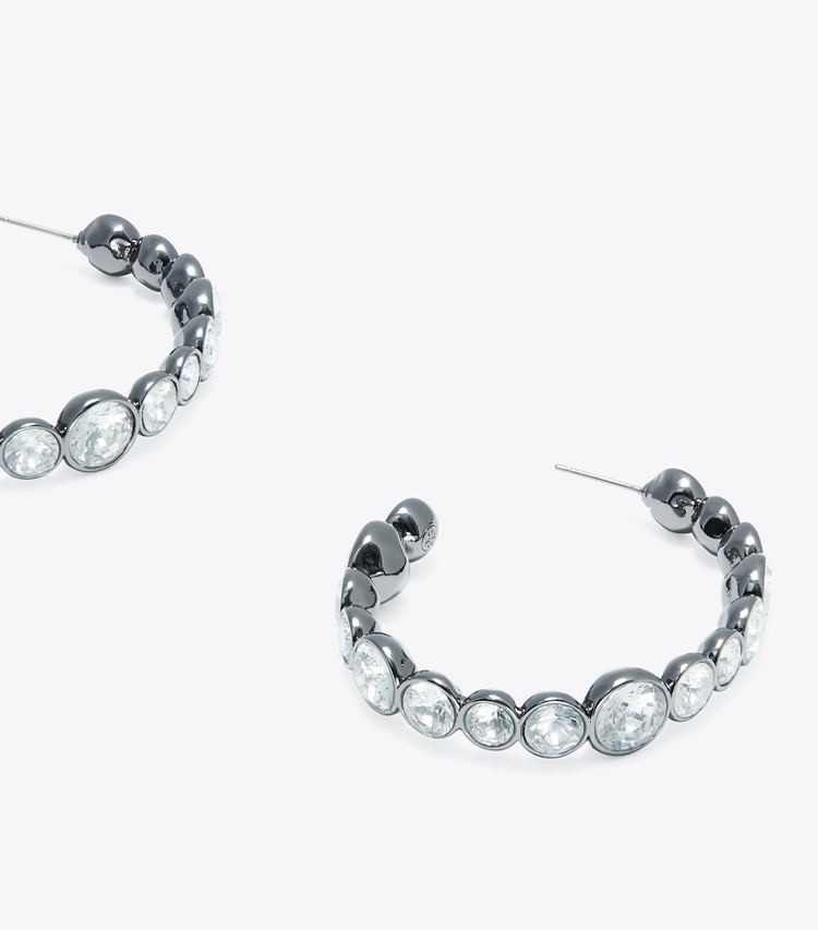 Tory Burch designer earrings Crystal Hoop Earring in Shiny Hematite / Crystal detail