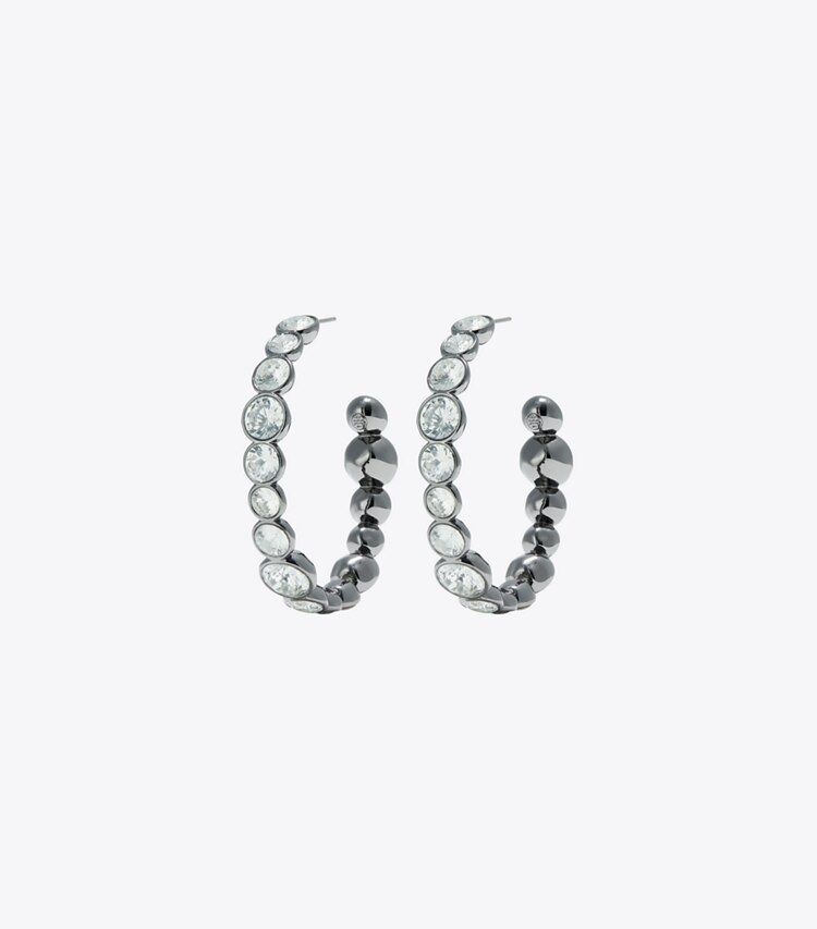 Tory Burch designer earrings Crystal Hoop Earring in Shiny Hematite / Crystal front