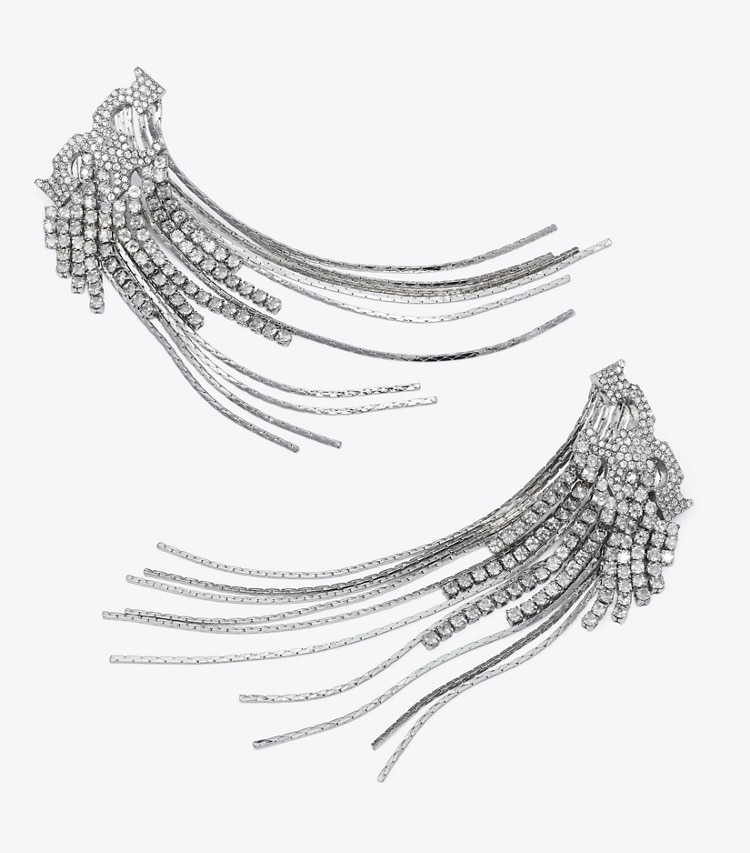 Tory Burch designer earrings Crystal Logo Earrings in Tory Silver / Crystal detail