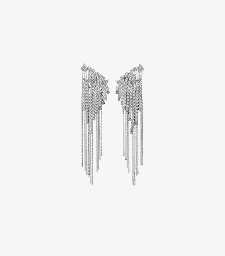 Tory Burch designer earrings Crystal Logo Earrings in Tory Silver / Crystal front