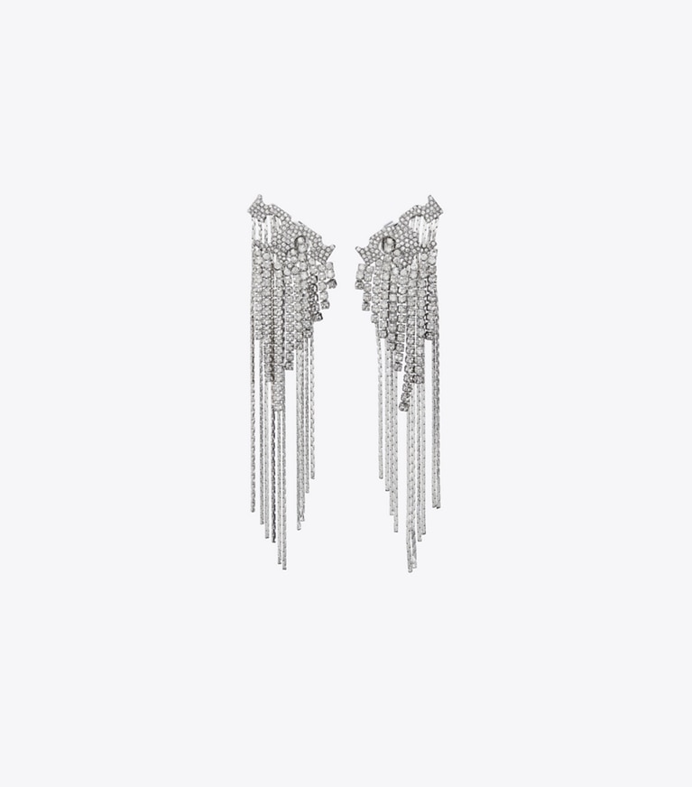 Tory Burch designer earrings Crystal Logo Earrings in Tory Silver / Crystal front