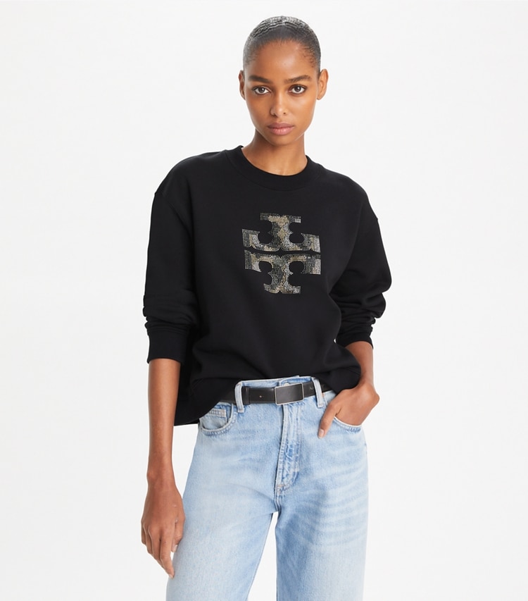 Tory Burch designer sweaters Crystal Logo Sweatshirt in Black on model detail