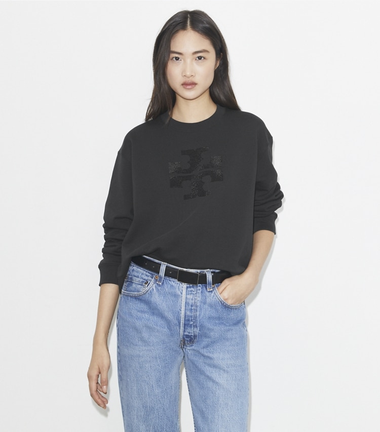 Tory Burch designer sweaters Crystal Logo Sweatshirt in Embellished Black on model detail