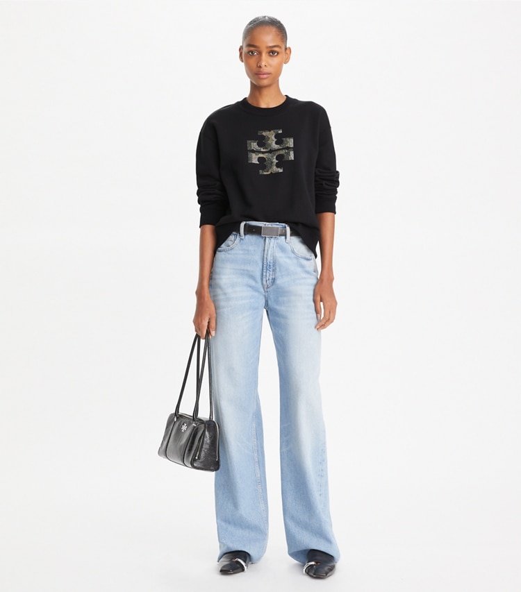 Tory Burch designer sweaters Crystal Logo Sweatshirt in Black on model front
