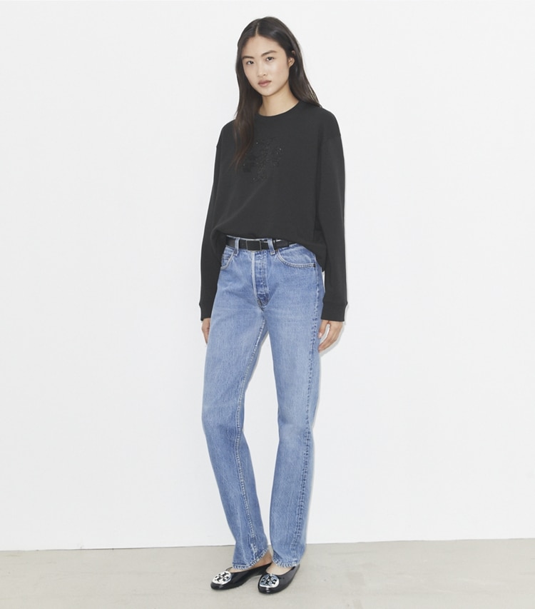 Tory Burch designer sweaters Crystal Logo Sweatshirt in Embellished Black on model front