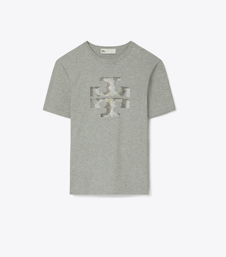 Tory Burch designer トップス クリスタル ロゴTシャツ in Silver Gray Melange front
