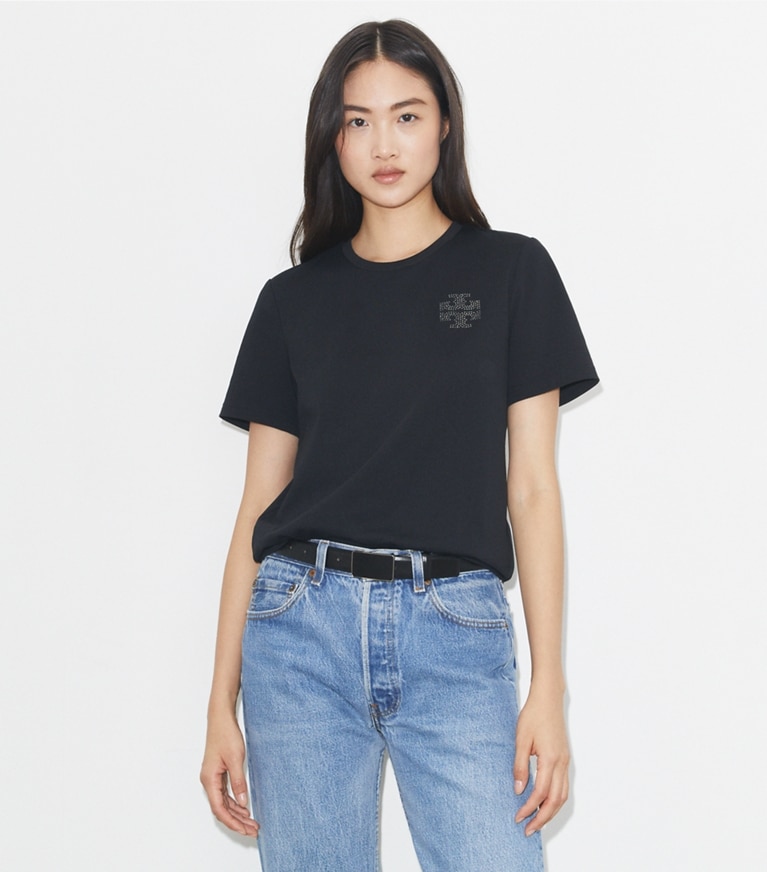 Tory Burch designer トップス クリスタル ロゴTシャツ in Black front