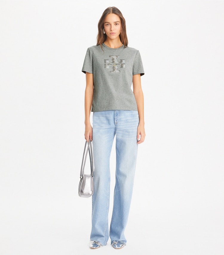 Tory Burch designer トップス クリスタル ロゴTシャツ in Silver Gray Melange モデル前面