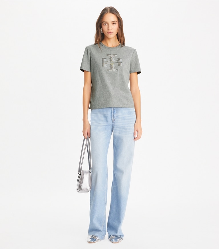 Tory Burch designer トップス クリスタル ロゴTシャツ in Silver Gray Melange front