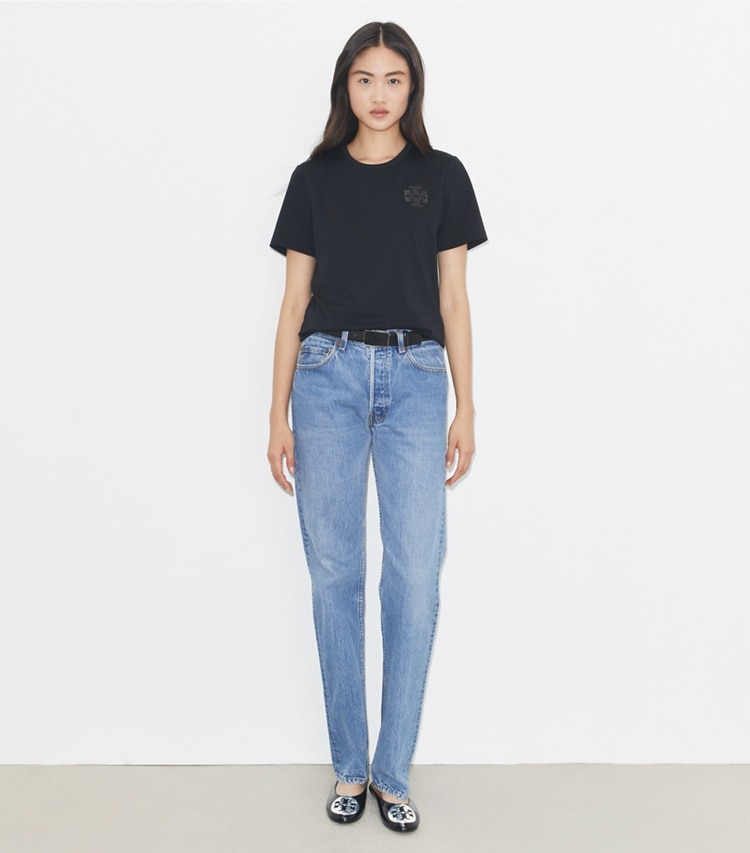 Tory Burch designer トップス クリスタル ロゴTシャツ in Black モデル前面