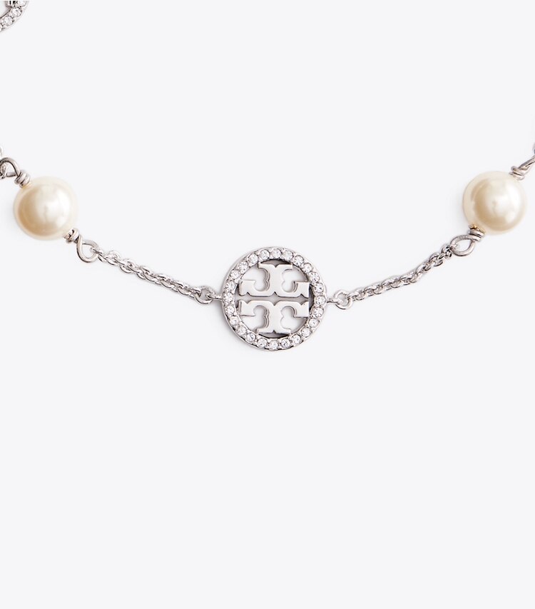 Tory Burch designer bracelets Crystal Pearl Logo Bracelet in Silver/Crystal/Pearl detail