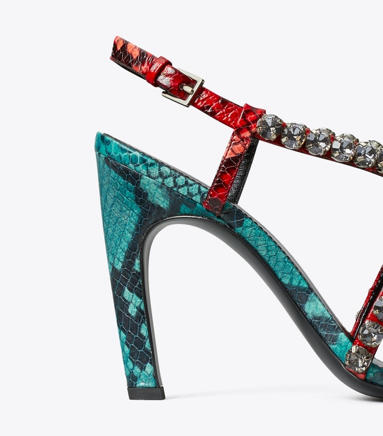 Tory Burch designer sandals Crystal Strappy Heeled Sandal in BEARBERRY / ATLAS / BLACK DIAMOND detail