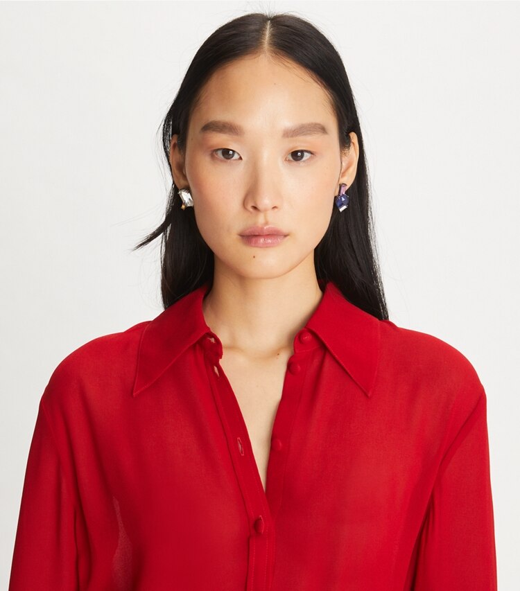 Tory Burch designer earrings Crystal Stud Earring in Crystal / Sapphire Blue accessory on model