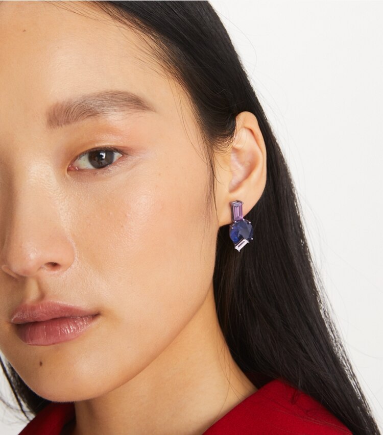 Tory Burch designer earrings Crystal Stud Earring in Crystal / Sapphire Blue additional on model