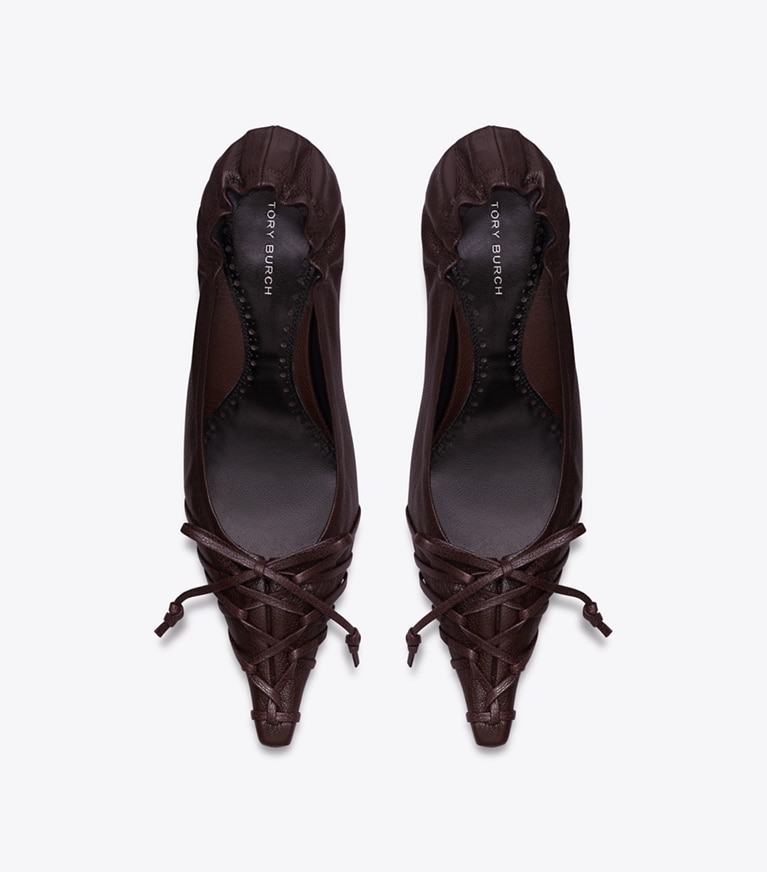Tory Burch diseñador tacones Cuña con cordones en SEAL BROWN vista superior