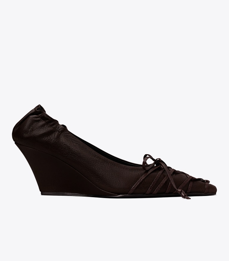 Tory Burch diseñador tacones Cuña con cordones en SEAL BROWN lateral