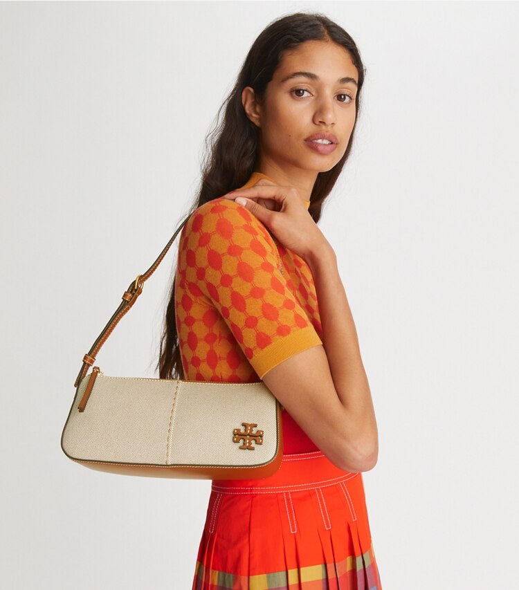 Tory Burch diseñador bolsos de hombro Cuña de lona McGraw en Natural / Classic Cuoio accesorio en modelo