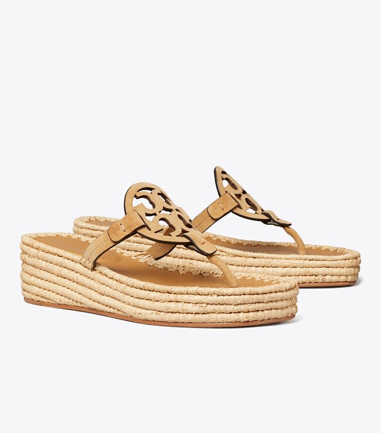 Tory Burch diseñador sandalias Cuña de rafia Miller en AMBER GRAIN ángulo
