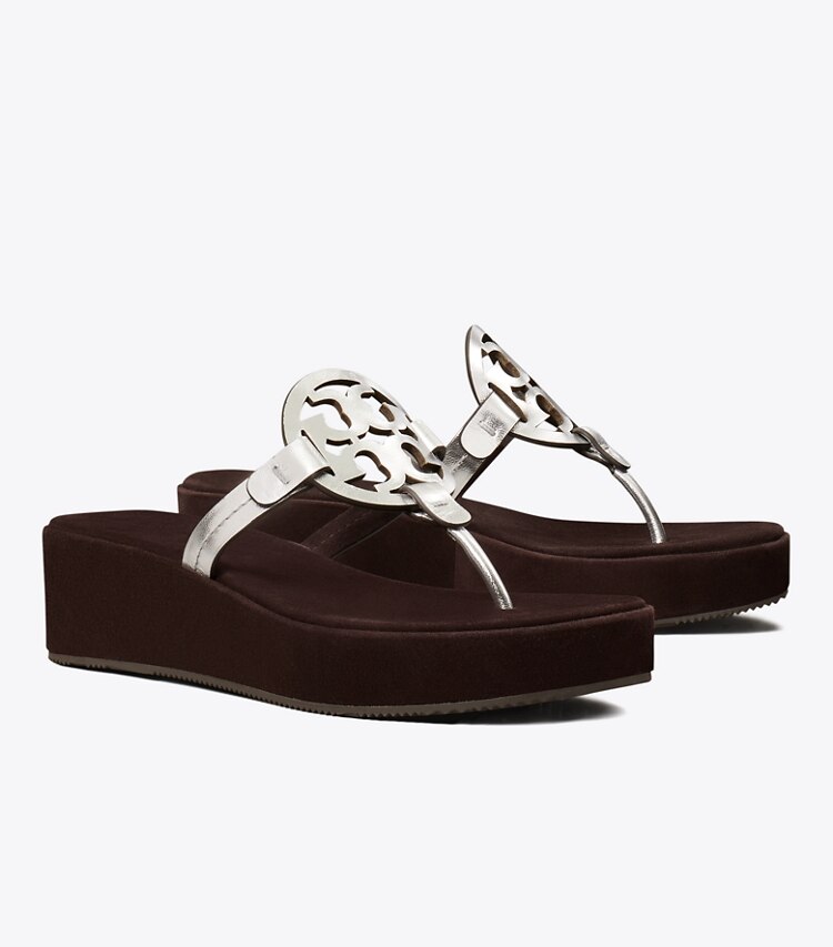 Tory Burch diseñador sandalias Cuña Miller en SILVER / COCOA ángulo