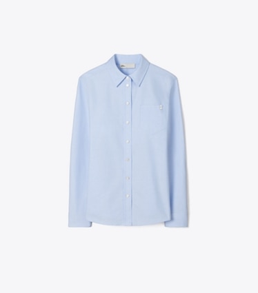 Tory Burch designer tops Cuffed Cotton Shirt in Blue Cotton Oxford Shirting-Takihyo front