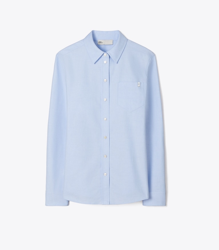 Tory Burch designer tops Cuffed Cotton Shirt in Blue Cotton Oxford Shirting-Takihyo front