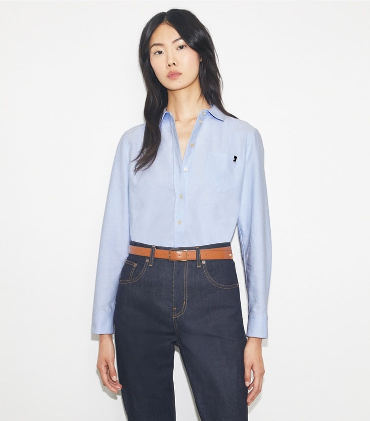 Tory Burch designer tops Cuffed Cotton Shirt in Blue Cotton Oxford Shirting-Takihyo on model detail