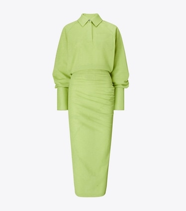 Tory Burch designer dresses Cuffed Jacquard Dress in Bright Green front