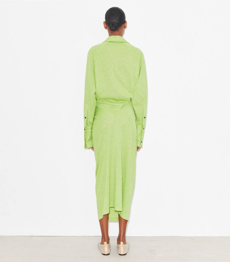 Tory Burch designer dresses Cuffed Jacquard Dress in Bright Green on model back