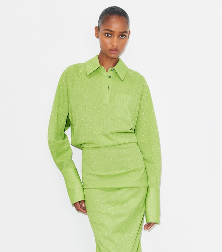 Tory Burch designer dresses Cuffed Jacquard Dress in Bright Green front