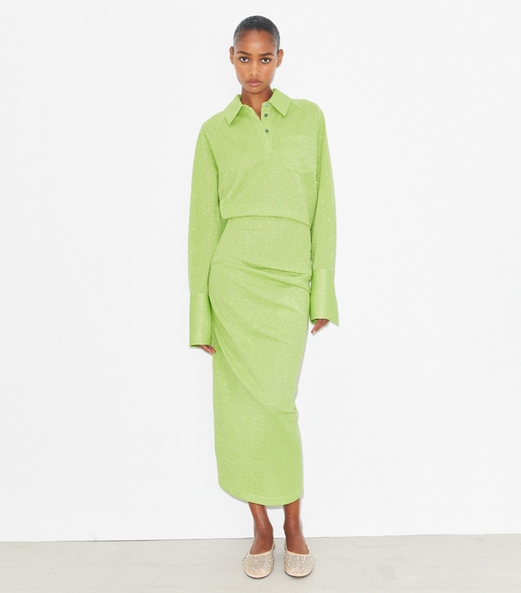 Tory Burch designer dresses Cuffed Jacquard Dress in Bright Green on model front
