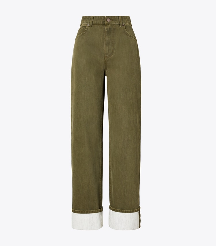 Tory Burch designer bottoms Cuffed Jean in Distressed Green front