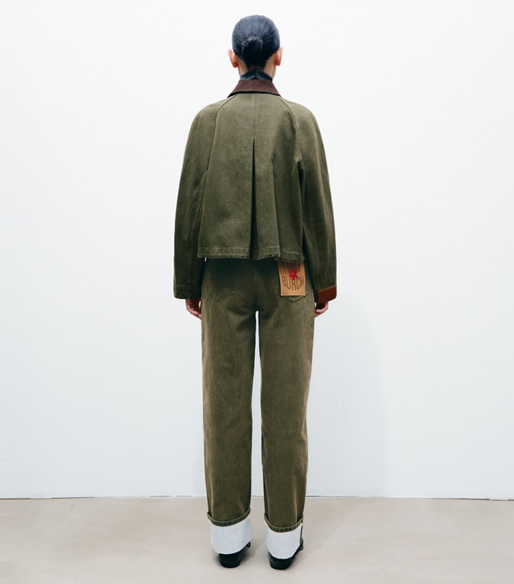 Tory Burch designer bottoms Cuffed Jean in Distressed Green on model back