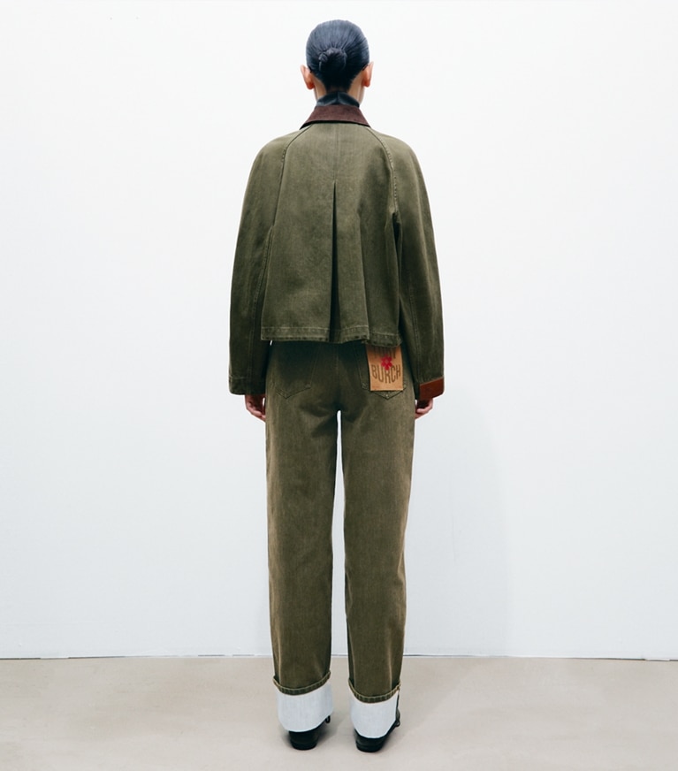 Tory Burch designer bottoms Cuffed Jean in Distressed Green on model back