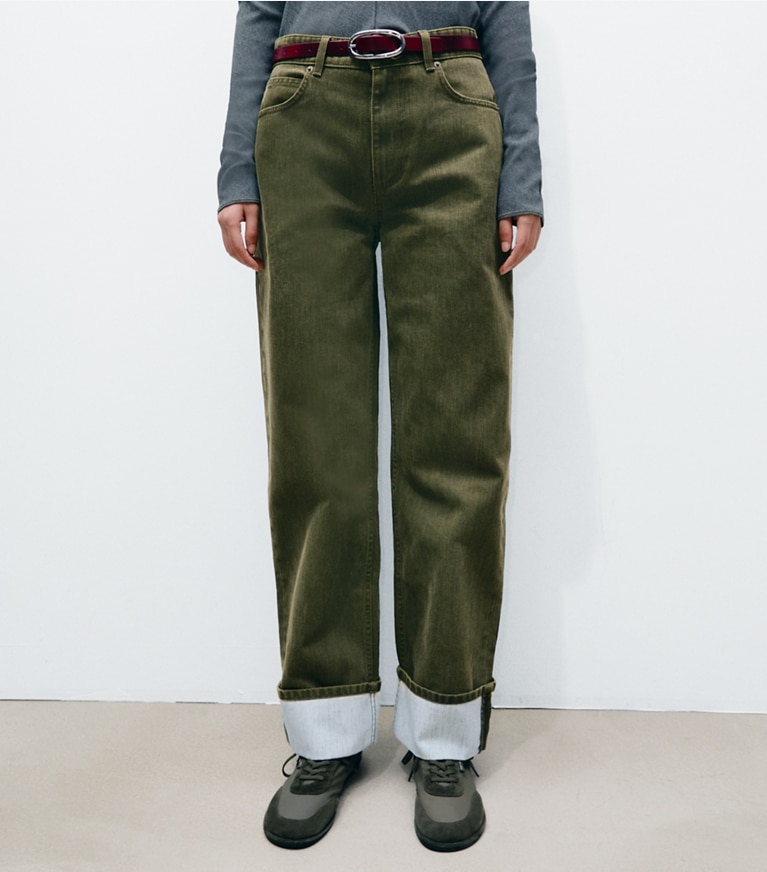 Tory Burch designer bottoms Cuffed Jean in Distressed Green on model detail