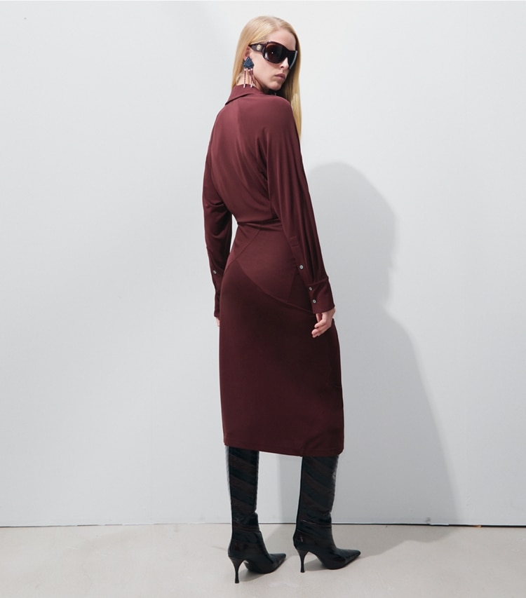 Tory Burch designer dresses Cuffed Jersey Dress in Mahogany on model back