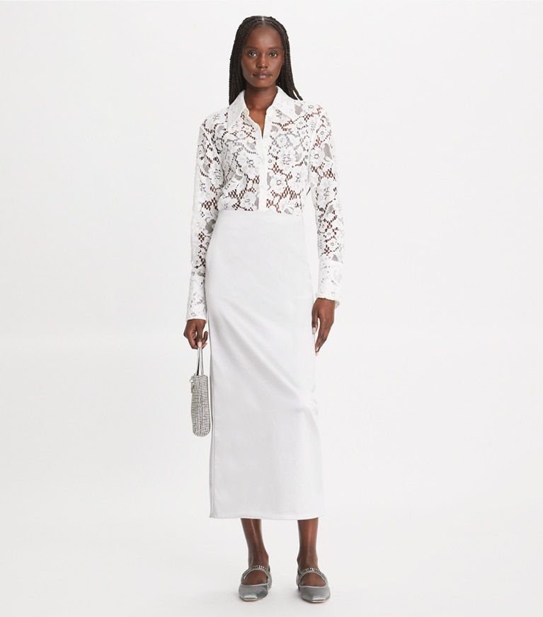 Tory Burch designer tops Cuffed Lace Buttondown in White front