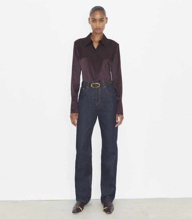Tory Burch designer tops Cuffed Silk Shirt in Dark Garnet front