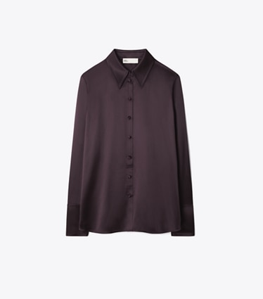 Tory Burch designer tops Cuffed Silk Shirt in Dark Garnet front