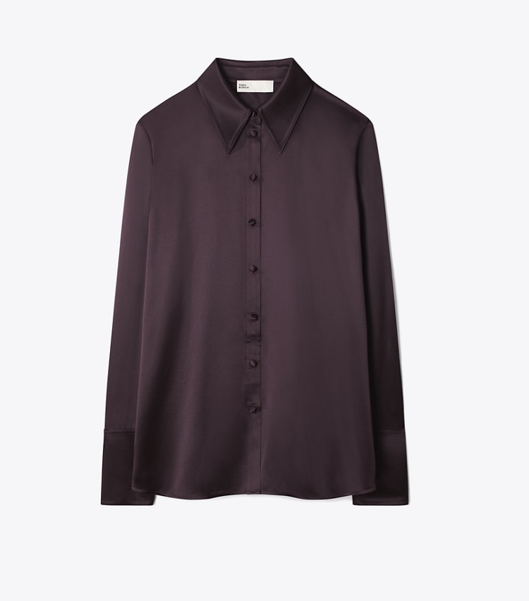 Tory Burch designer tops Cuffed Silk Shirt in Dark Garnet front