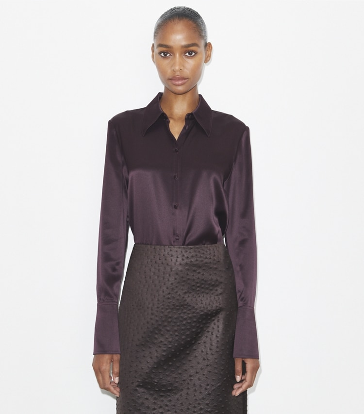 Tory Burch designer tops Cuffed Silk Shirt in Dark Garnet on model detail
