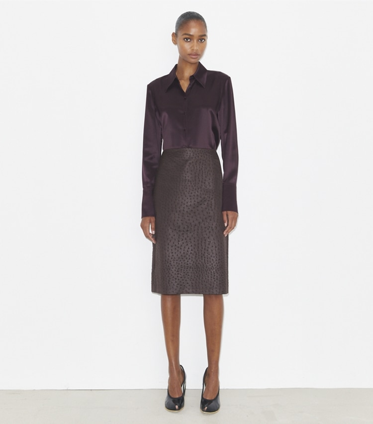 Tory Burch designer tops Cuffed Silk Shirt in Dark Garnet on model front