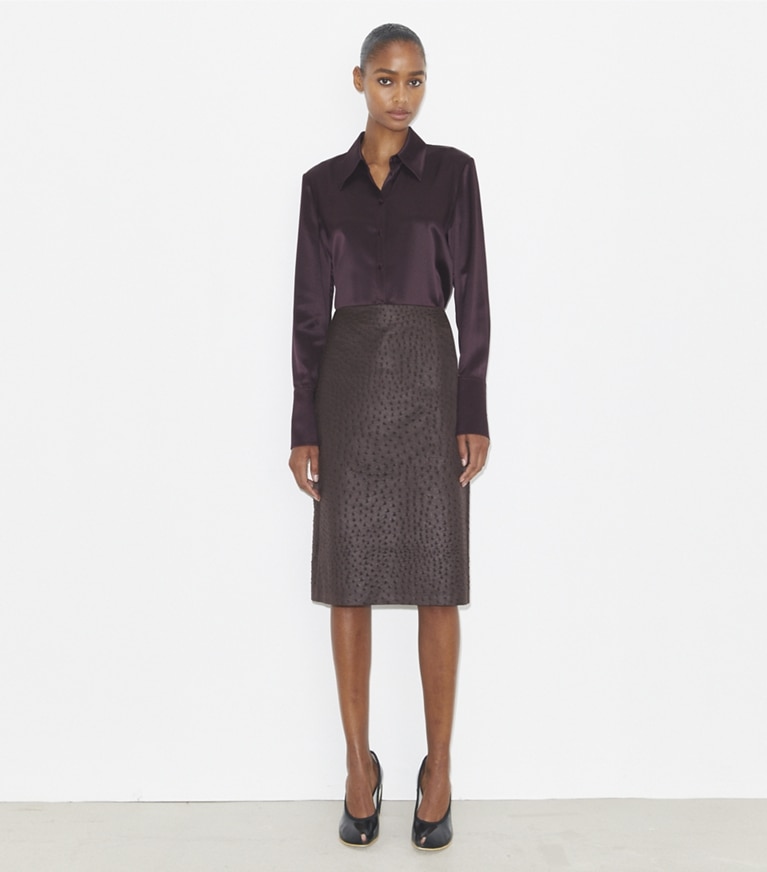 Tory Burch designer tops Cuffed Silk Shirt in Dark Garnet front