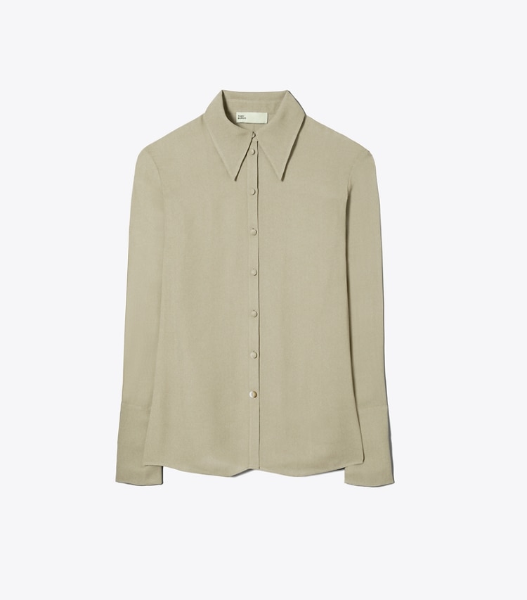 Tory Burch designer tops Cuffed Viscose Shirt in Gray Taupe front