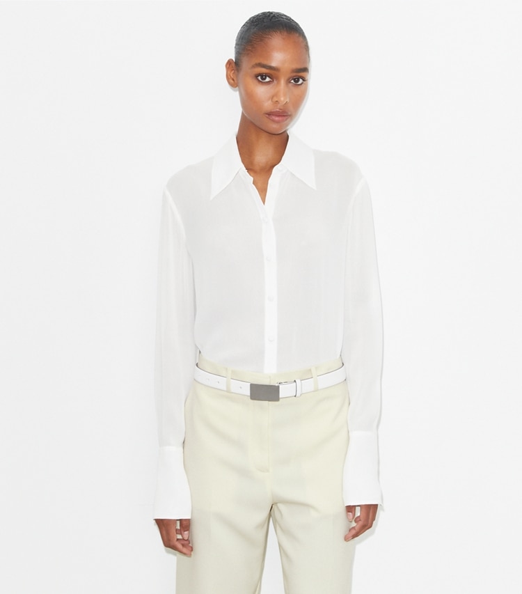 Tory Burch designer tops Cuffed Viscose Shirt in Marshmallow on model detail