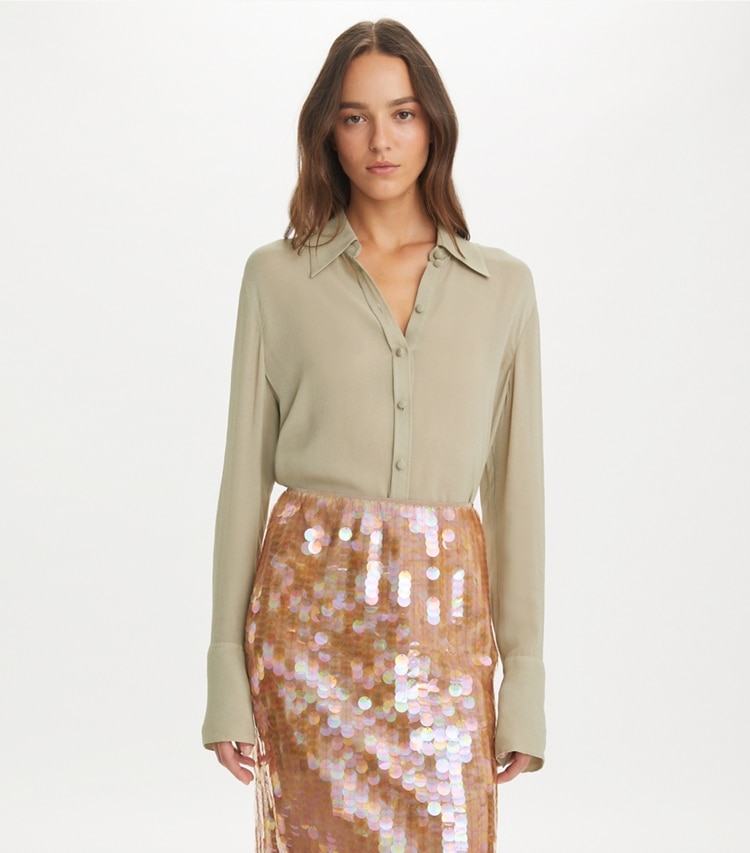 Tory Burch designer tops Cuffed Viscose Shirt in Gray Taupe on model detail