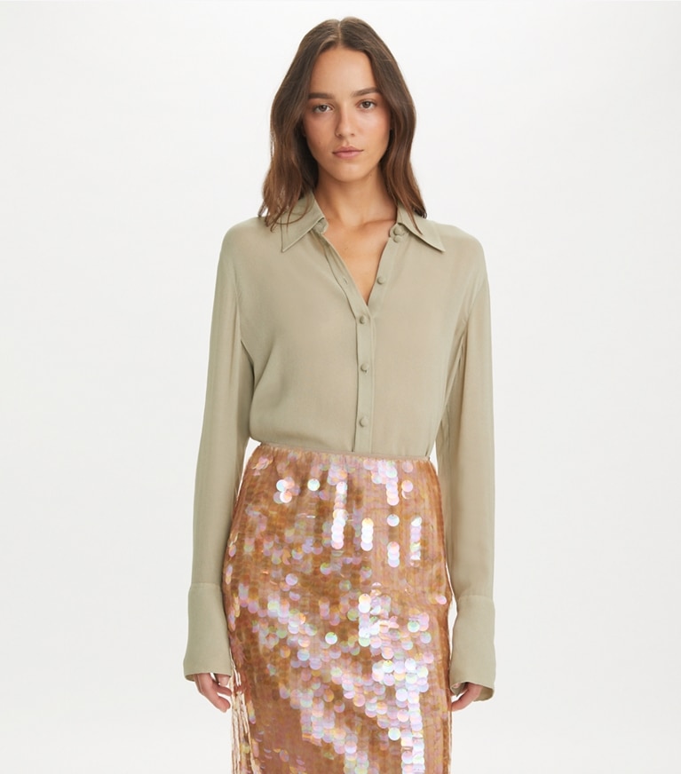 Tory Burch designer tops Cuffed Viscose Shirt in Gray Taupe front
