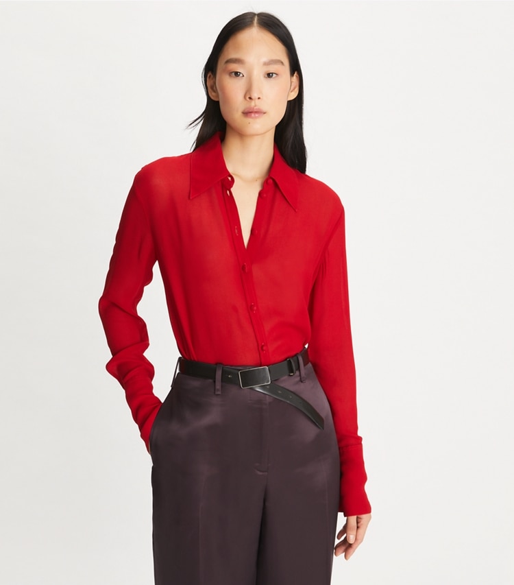 Tory Burch designer tops Cuffed Viscose Shirt in Crimson Clover on model detail